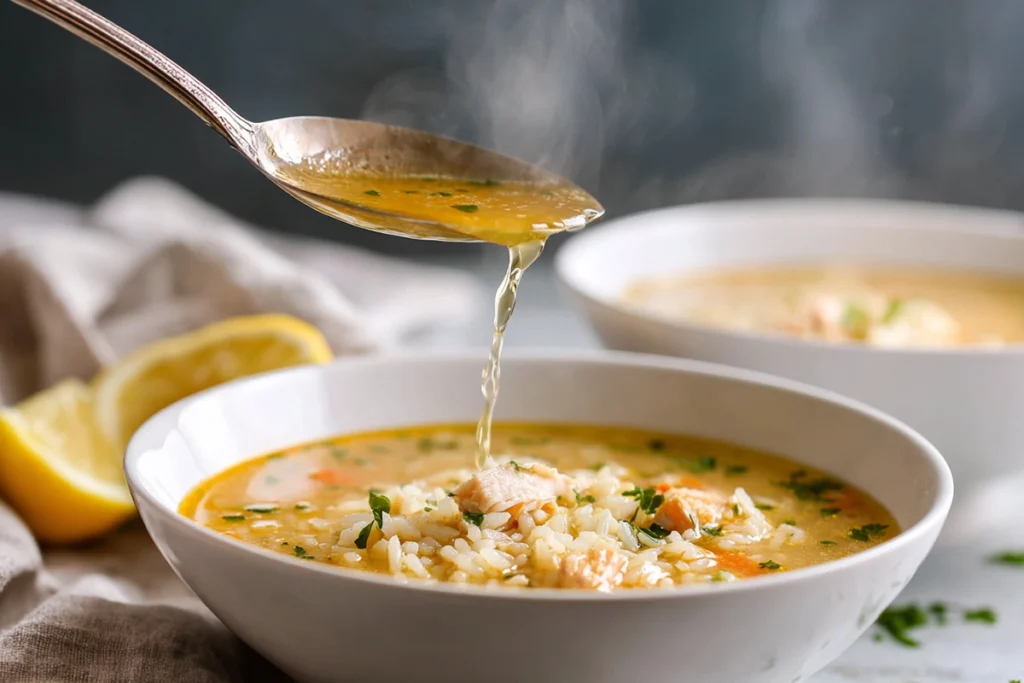 ladle pouring easy chicken and rice soup into a white bowl with herbs and steam