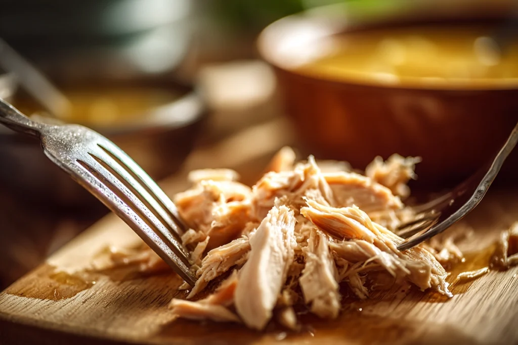 close-up of shredded chicken for easy chicken and rice soup on a wooden board