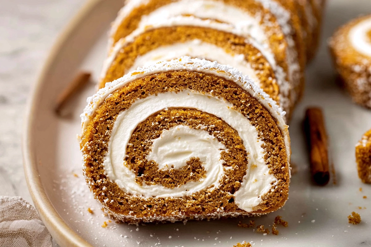 beautifully sliced fall pumpkin spice roll cake with cream cheese filling on white plate in modern kitchen