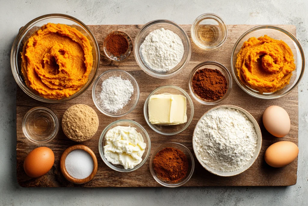 top view of fall pumpkin spice roll cake ingredients including pumpkin puree flour sugar eggs and spices