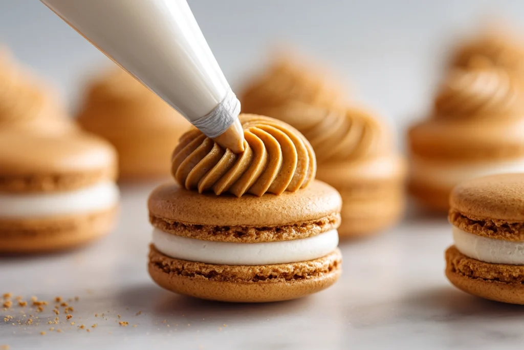 Close-up of pumpkin pie macaron being filled with pumpkin spice ganache