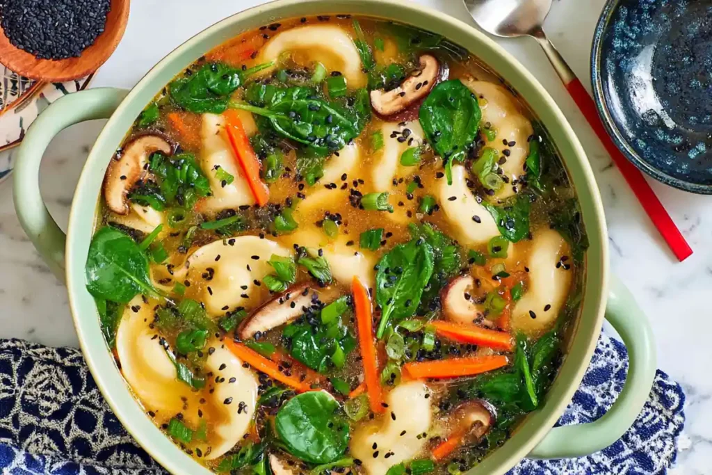Finished Dumpling Soup with spinach, mushrooms, carrots, scallions, and black sesame seeds