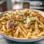 plated five ingredient creamy Cajun chicken pasta with creamy sauce and seared chicken