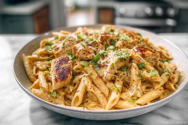 plated five ingredient creamy Cajun chicken pasta with creamy sauce and seared chicken