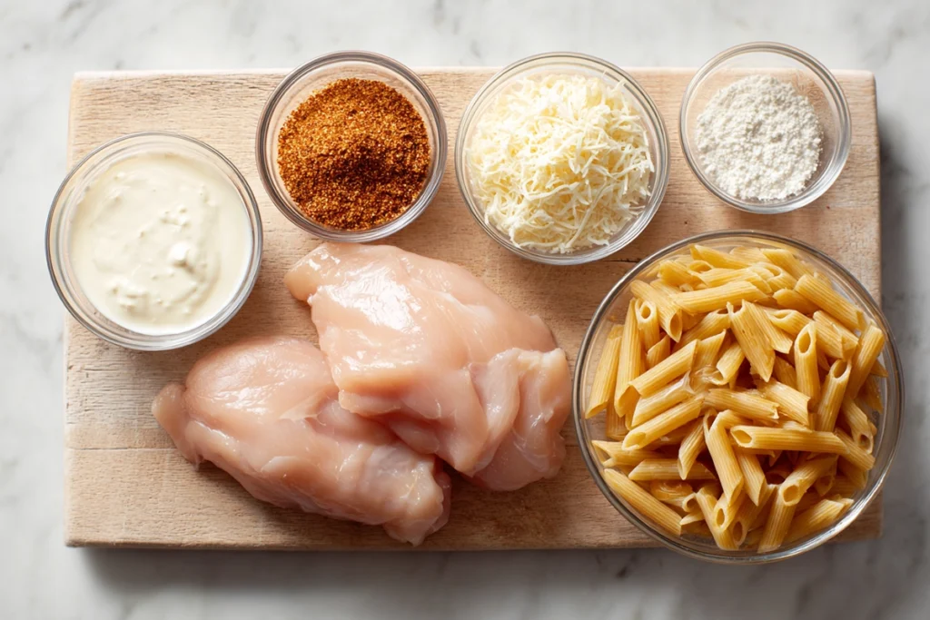 Five Ingredient Creamy Cajun Chicken Pasta: A Quick Comfort Dinner You’ll Love 7 overhead photo of five ingredient creamy Cajun chicken pasta ingredients arranged on a wooden board