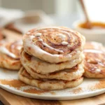 stack of fluffy vegan cinnamon roll pancakes with glaze in modern kitchen