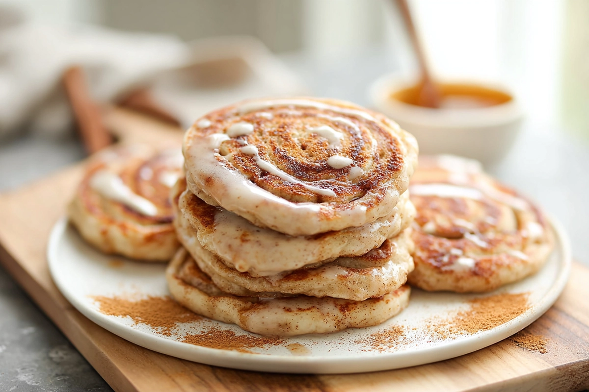 stack of fluffy vegan cinnamon roll pancakes with glaze in modern kitchen