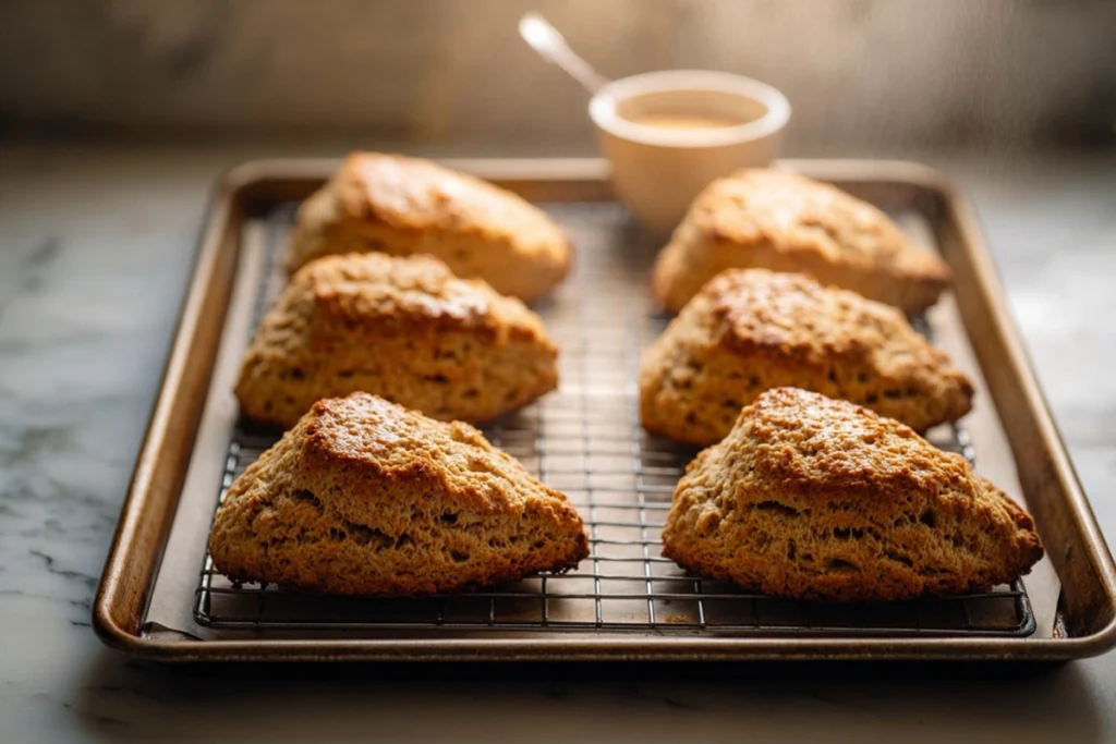 chai scones cooling on wire rack with steam and chai glaze in modern kitchen