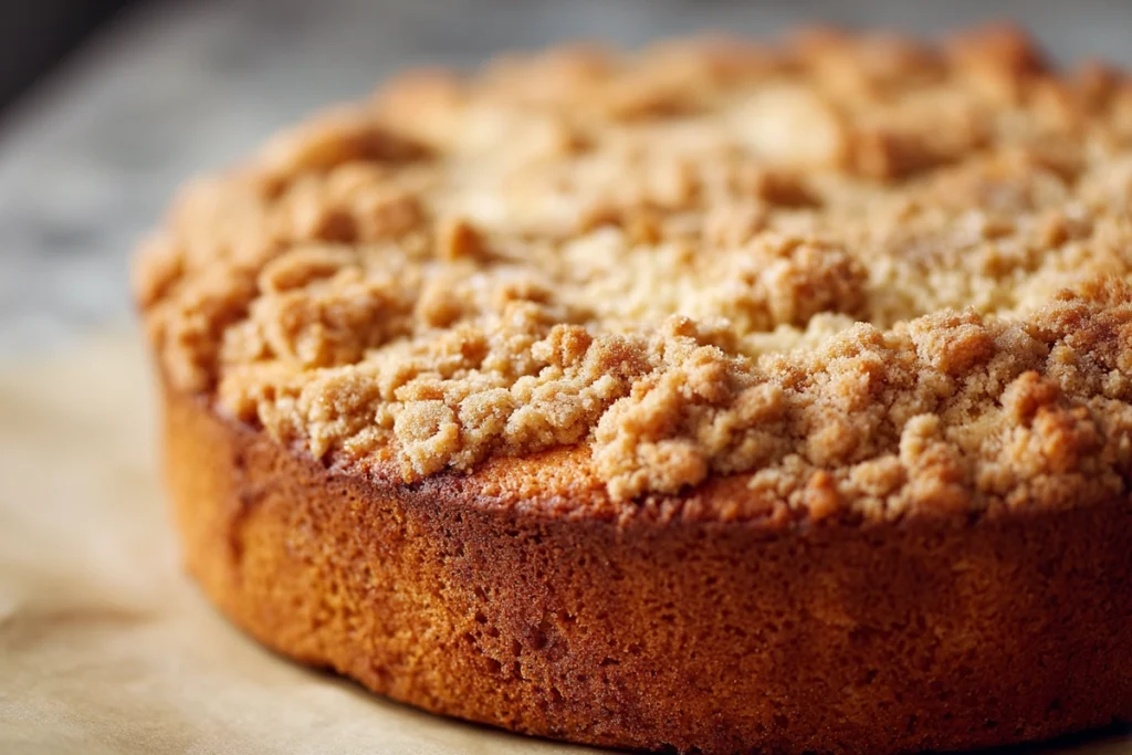 warm coffee cake with golden crumb topping just out of the oven