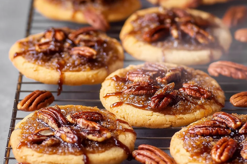Freshly baked pecan pie cookies cooling on a wire rack in natural light