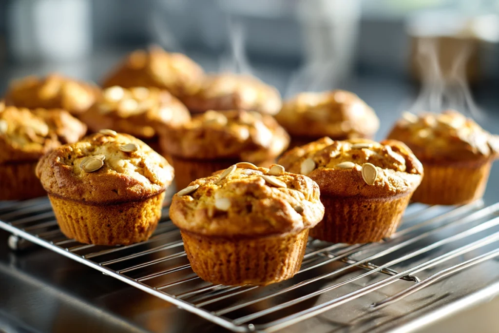 tray of freshly baked Starbucks Pumpkin Cream Cheese Muffins cooling on wire rack
