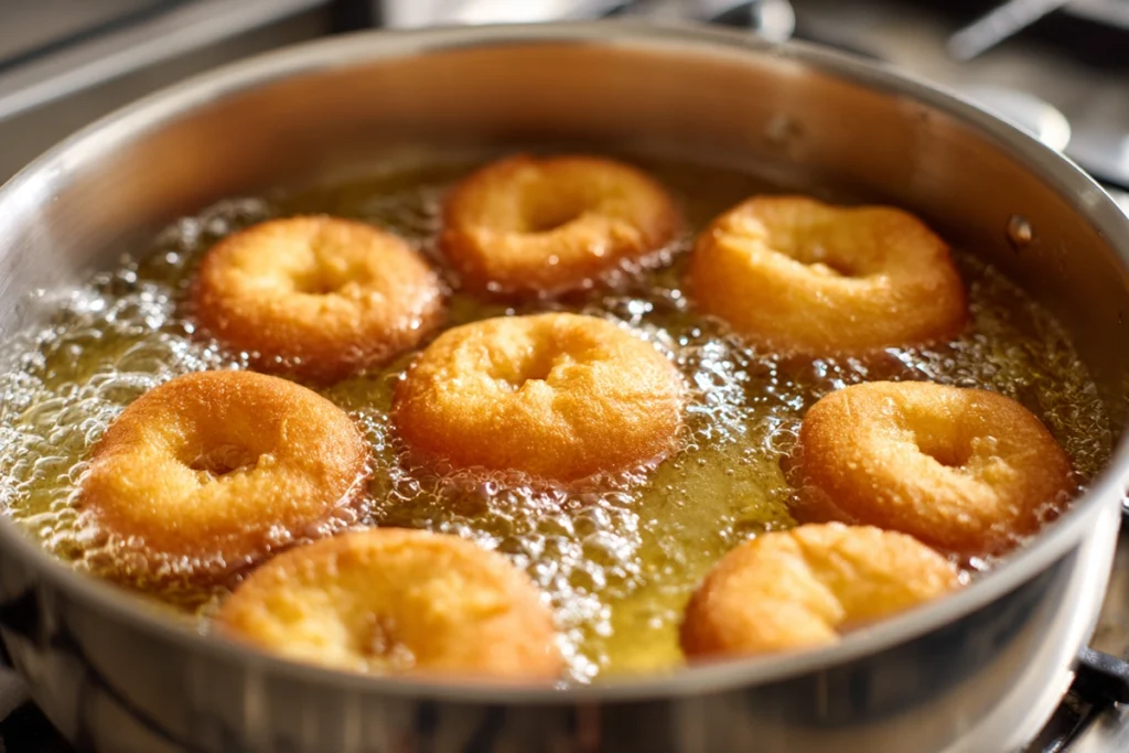 brioche donuts frying in golden oil in modern kitchen for indulgent Thanksgiving feasting