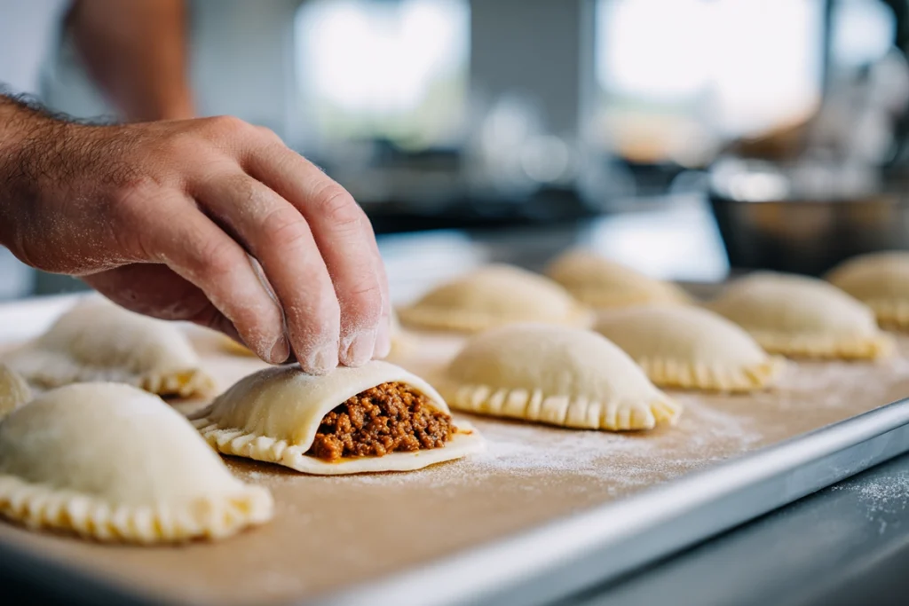 Close-up of Garlic Parmesan Cheeseburger Bombs being assembled with biscuit dough wrapped around cheesy beef filling on a modern kitchen counter.
