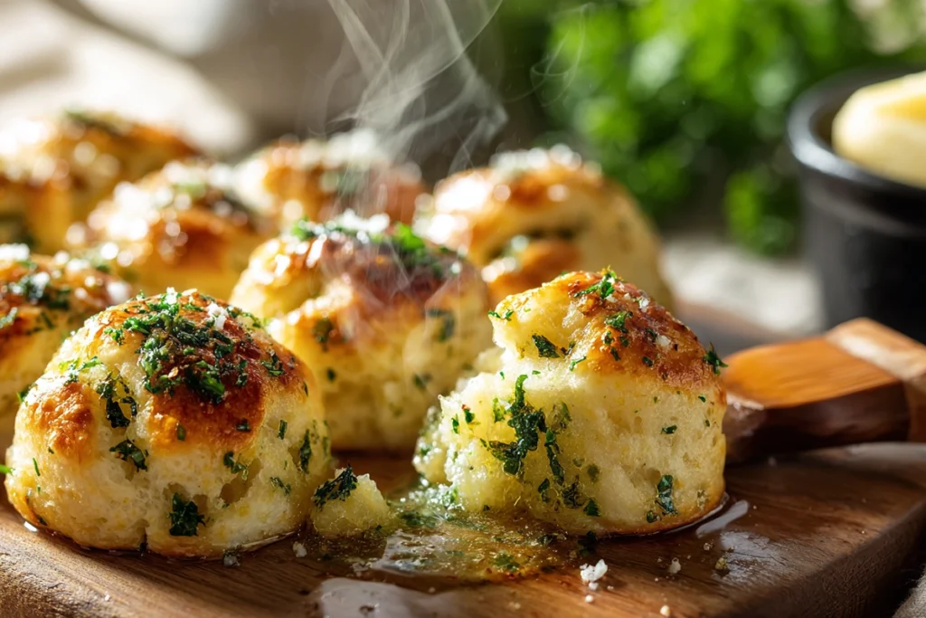 Freshly baked Garlic Parmesan Cheeseburger Bombs being brushed with melted garlic butter and Parmesan in a bright modern kitchen.
