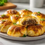 Garlic Parmesan Cheeseburger Bombs on a modern kitchen counter, golden and freshly baked with melted cheese and garlic butter topping.