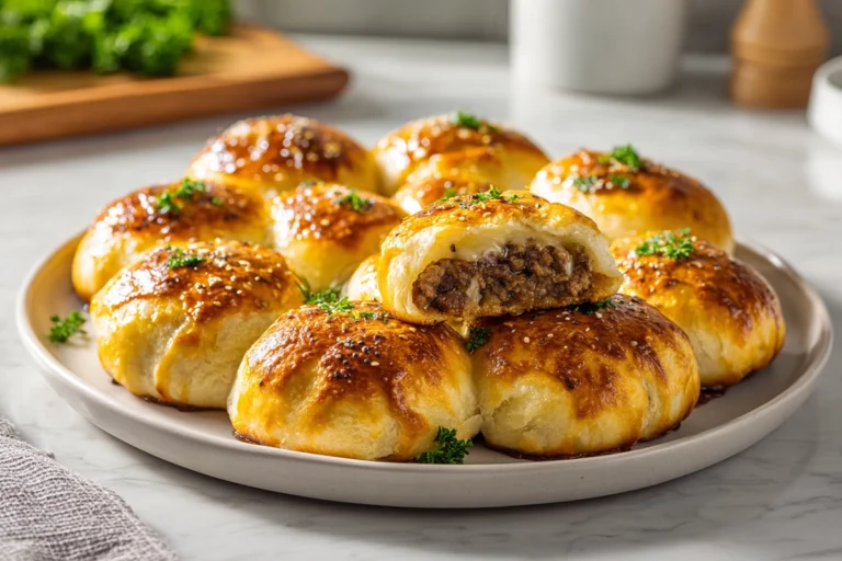 Garlic Parmesan Cheeseburger Bombs on a modern kitchen counter, golden and freshly baked with melted cheese and garlic butter topping.