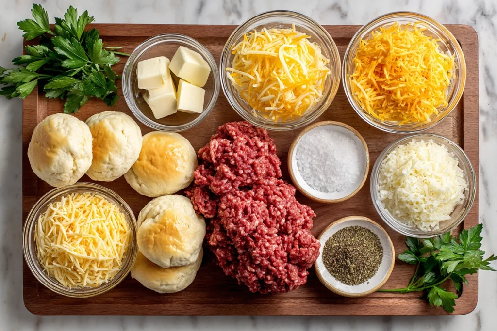 Flat lay of Garlic Parmesan Cheeseburger Bombs ingredients including ground beef, cheddar cheese, biscuit dough, garlic, and Parmesan on a wooden board.