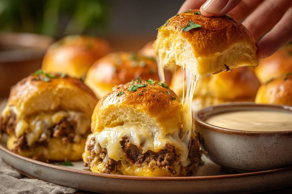 Person lifting a Garlic Parmesan Cheeseburger Bomb with melted cheese stretching, served with garlic aioli on a bright kitchen counter.