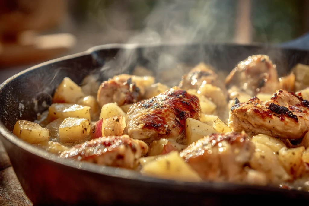 Garlic Parmesan Chicken and Potatoes cooking in a skillet with sizzling garlic butter and steam under natural daylight in a modern kitchen.