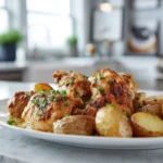 Garlic Parmesan Chicken and Potatoes hero image showing golden roasted chicken and crispy potatoes in natural daylight on a modern kitchen counter.