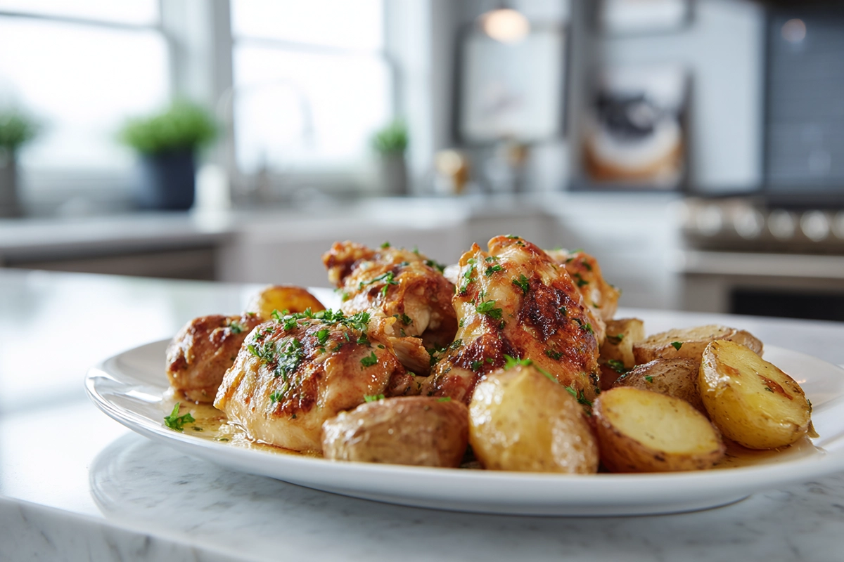 Garlic Parmesan Chicken and Potatoes hero image showing golden roasted chicken and crispy potatoes in natural daylight on a modern kitchen counter.