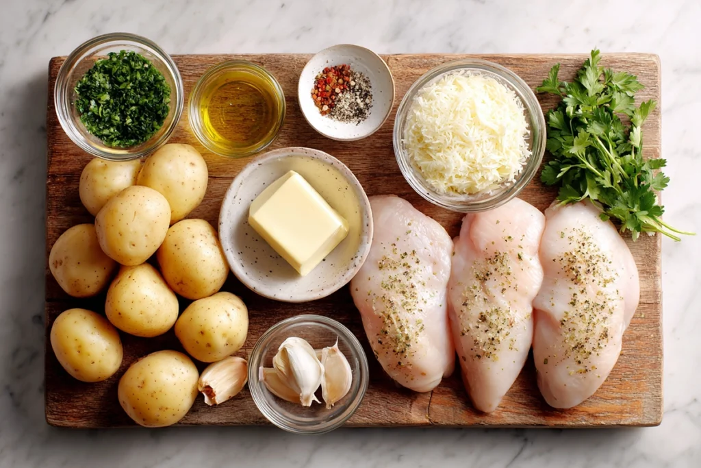 Garlic Parmesan Chicken and Potatoes ingredients arranged on a wooden board with garlic, butter, Parmesan, and chicken displayed in bright natural light.