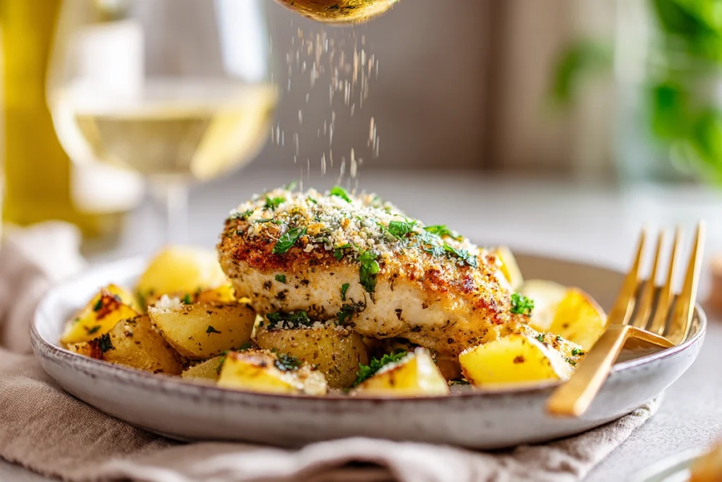 Garlic Parmesan Chicken and Potatoes being garnished with parsley and Parmesan on a modern plate in soft natural daylight for a cozy dinner setting.