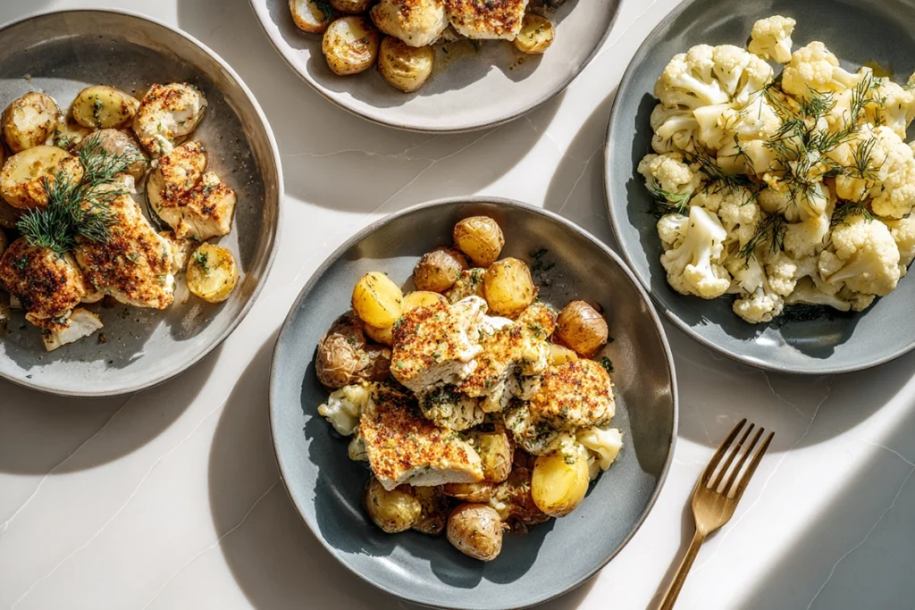 Garlic Parmesan Chicken and Potatoes dietary variations including vegan, gluten-free, and low-calorie versions on a modern counter under bright natural light.