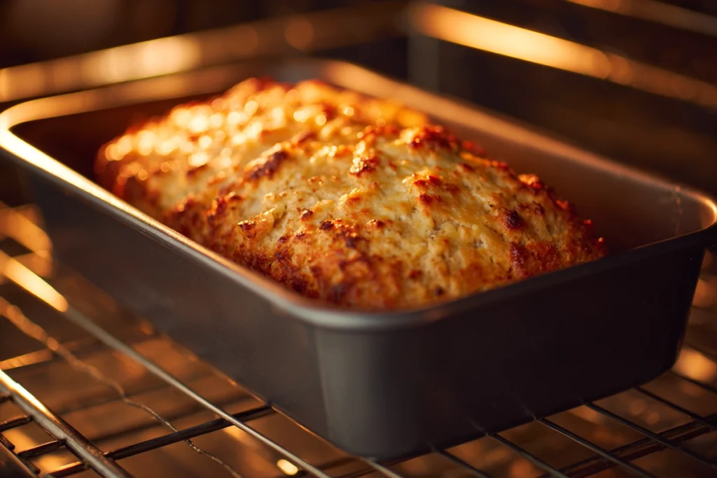 garlic parmesan chicken meatloaf baking in oven with golden crust forming under warm natural light