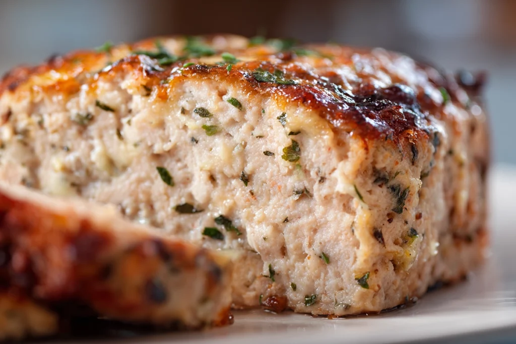 close-up of juicy garlic parmesan chicken meatloaf slice with melted cheese and herbs
