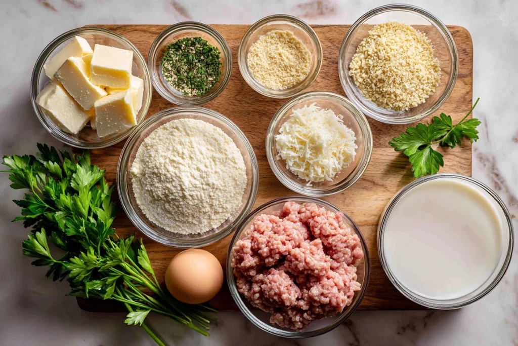 overhead shot of garlic parmesan chicken meatloaf ingredients on marble counter with wooden board and glass bowls