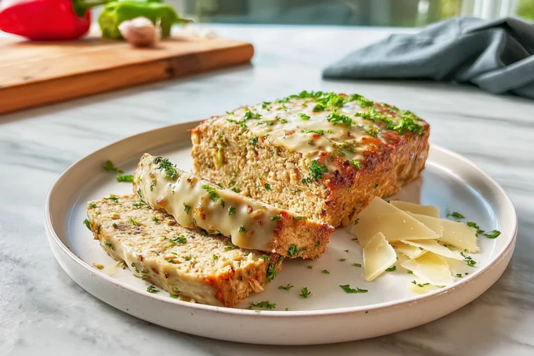 garlic parmesan chicken meatloaf plated with parmesan crust and fresh herbs in bright modern kitchen