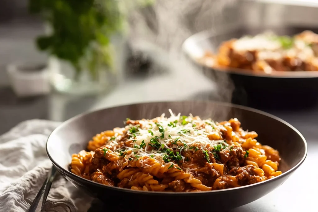 creamy beef pasta being garnished with parsley and cheese under natural light
