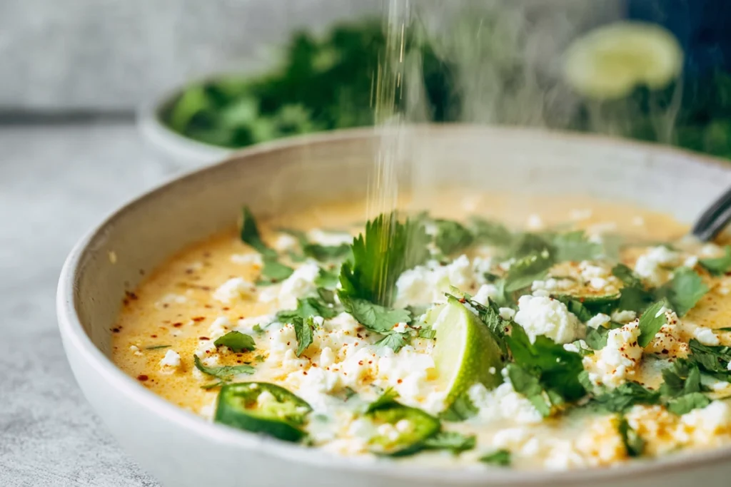close-up of garnished mexican street corn soup with cotija cheese cilantro and lime juice