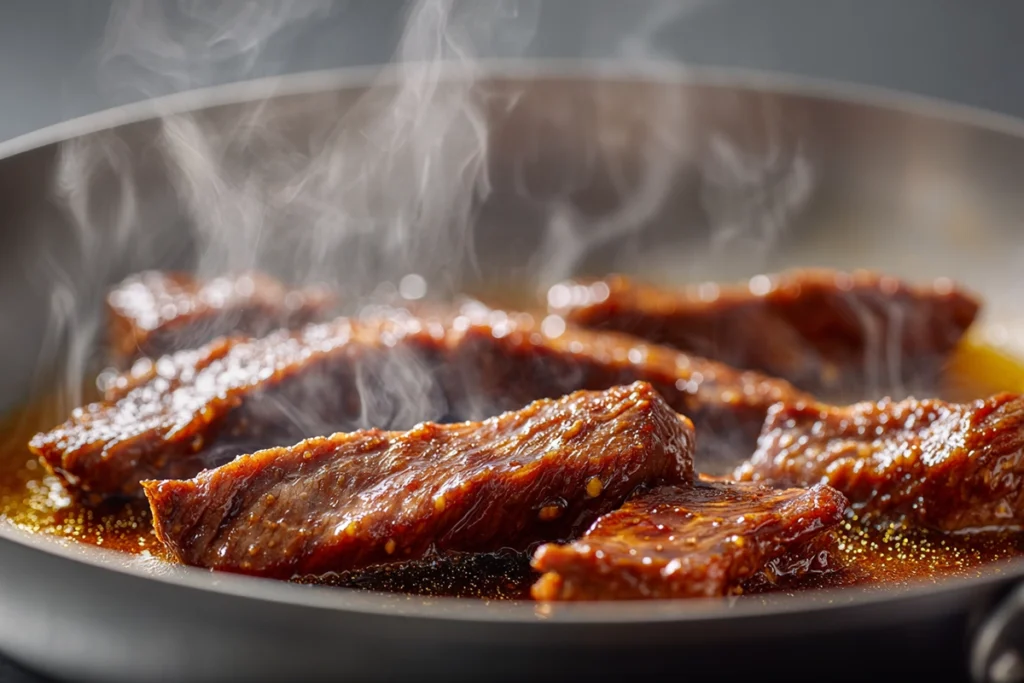 Close-up of beef sizzling with honey glaze for Honey Beef with Roasted Potatoes