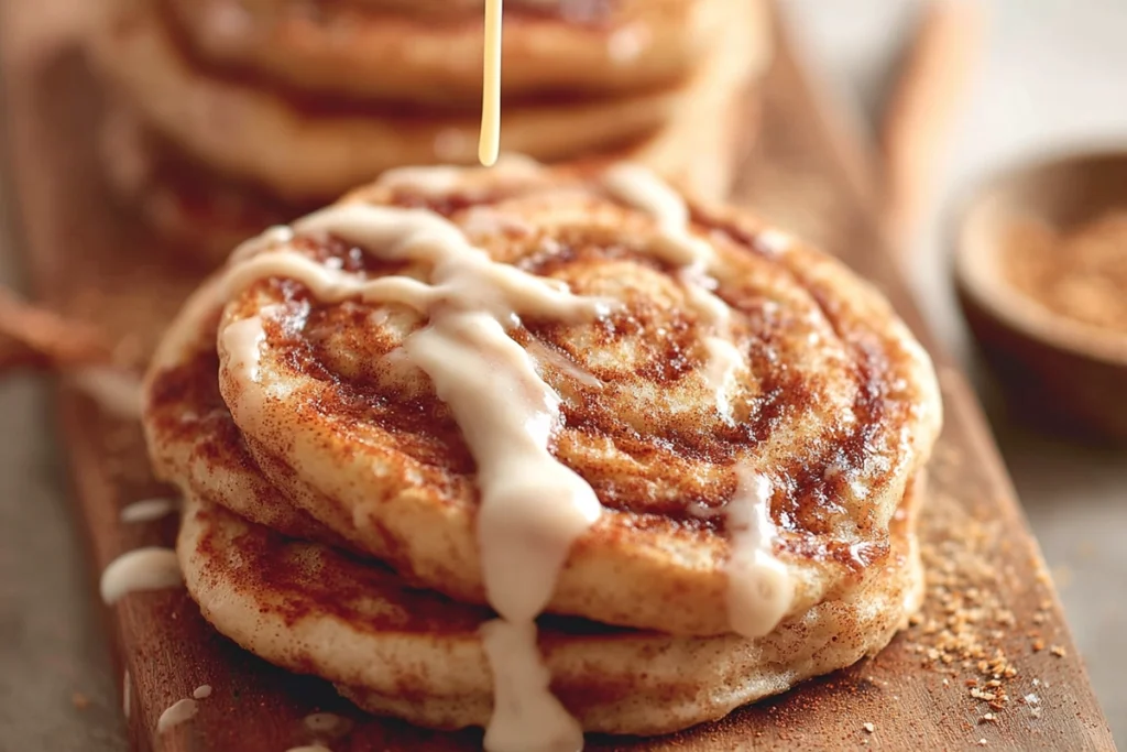 Fluffy Vegan Cinnamon Roll Pancakes – The Best Brunch Treat You’ll Ever Make 10 glaze being poured over fluffy vegan cinnamon roll pancakes in modern kitchen