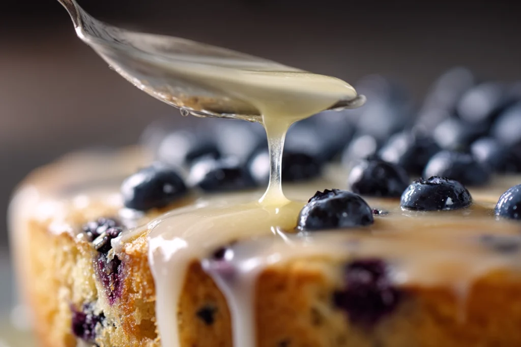 detailed close-up of lemon glaze being poured over lemon blueberry sheet cake