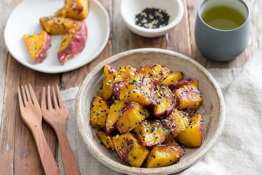 Daigaku Imo (Japanese Candied Sweet Potatoes) at Home 30 Glossy Daigaku Imo with smooth candy coating and black sesame seeds