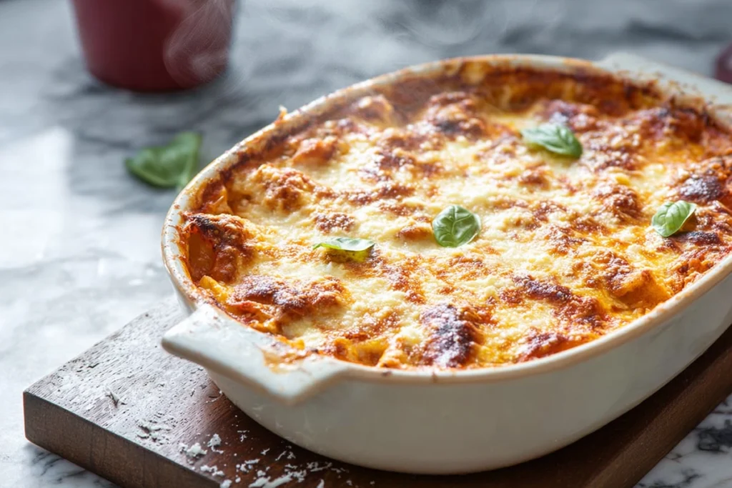 Easy baked tortellini casserole with bubbling cheese and basil just removed from oven