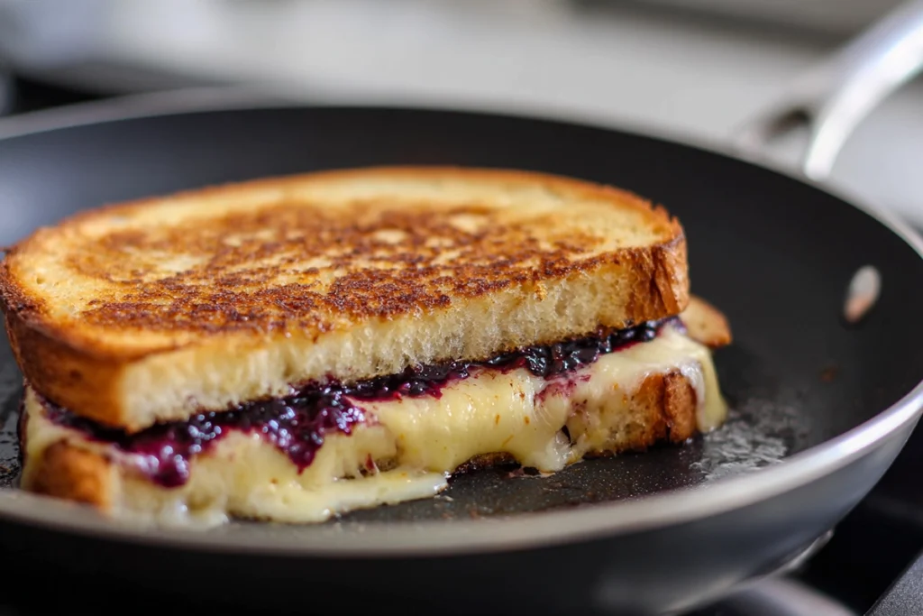 Golden crispy blueberry grilled cheese sandwich toasting in a skillet with melting cheese and blueberry filling