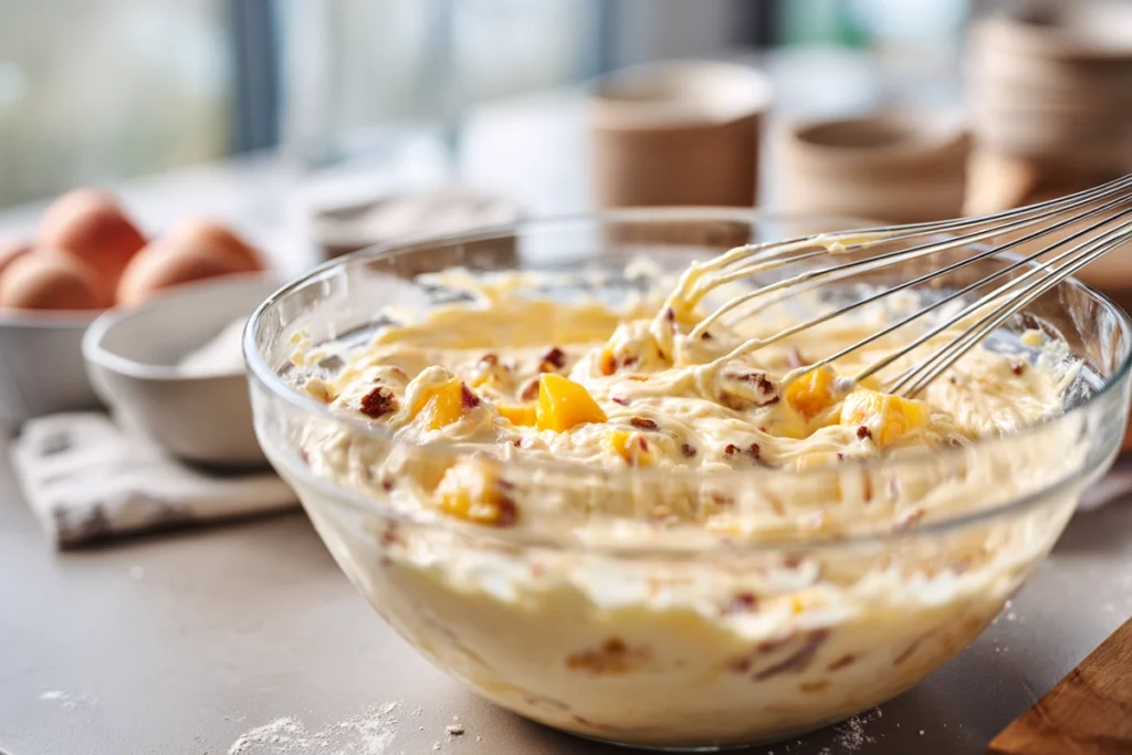 glass bowl with heavenly peach bread batter and diced peaches on countertop