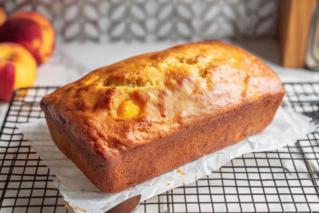 freshly baked heavenly peach bread cooling on wire rack in bright kitchen