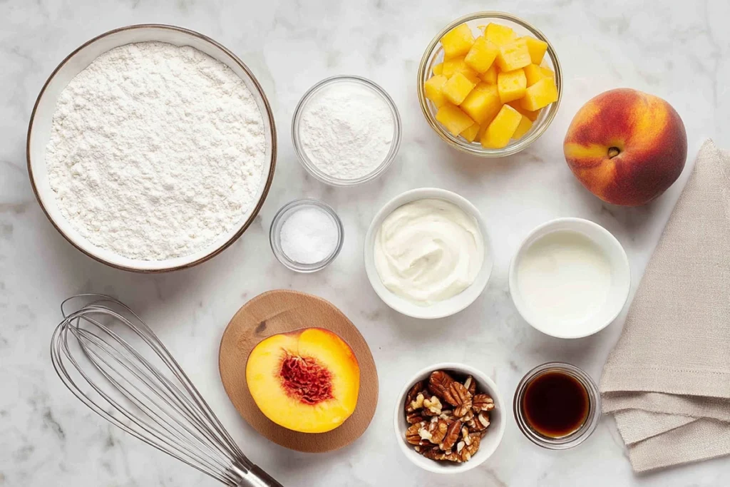 flatlay of heavenly peach bread ingredients including peaches flour sugar and sour cream