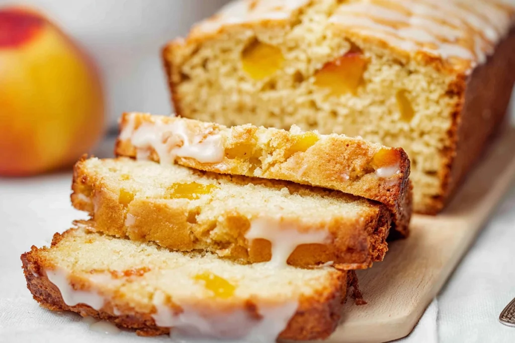 close-up of sliced heavenly peach bread with vanilla glaze drizzle