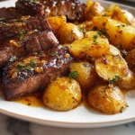Honey Beef with Roasted Potatoes plated dish with honey glaze and golden roasted potatoes