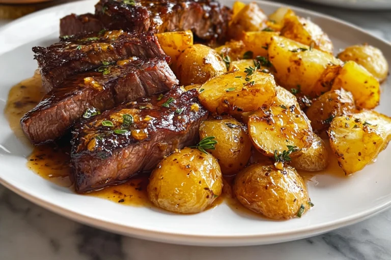 Honey Beef with Roasted Potatoes plated dish with honey glaze and golden roasted potatoes