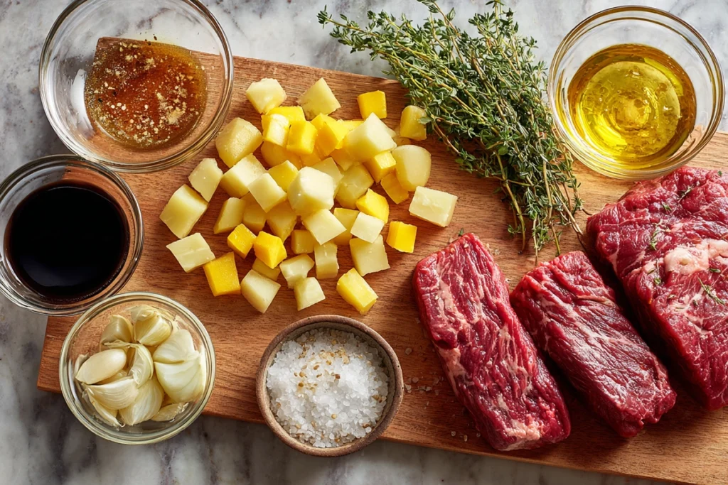 Overhead view of ingredients for Honey Beef with Roasted Potatoes including beef, potatoes, honey, garlic, and herbs