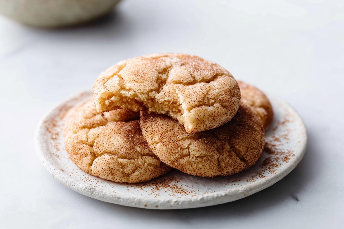 close-up of irresistibly chewy snickerdoodle cookies stacked on modern plate with cinnamon sugar coating