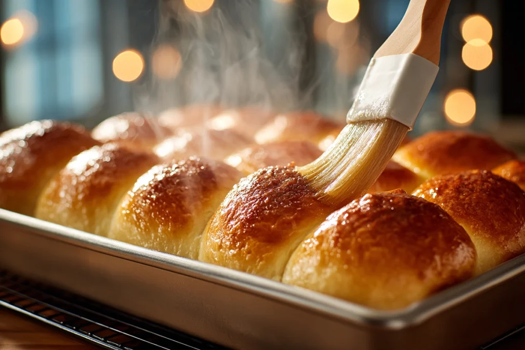Golden Japanese Milk Bread Dinner Rolls fresh from the oven being brushed with melted butter on a modern kitchen counter.