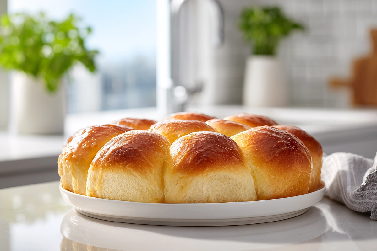 Soft, buttery Japanese Milk Bread Dinner Rolls freshly baked and plated in a modern kitchen with natural light.